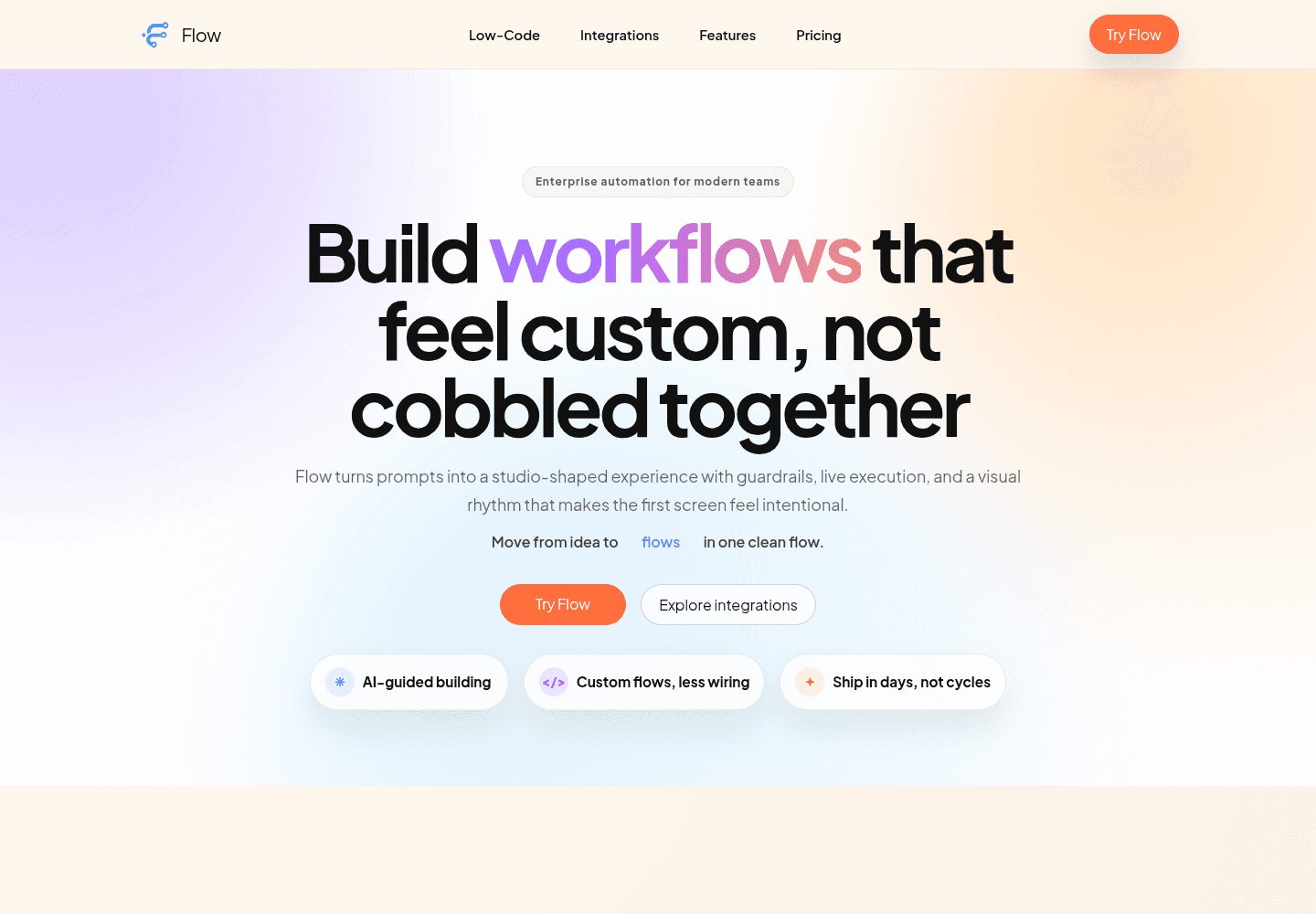 Flow’s public product website introducing its AI-guided workflow platform